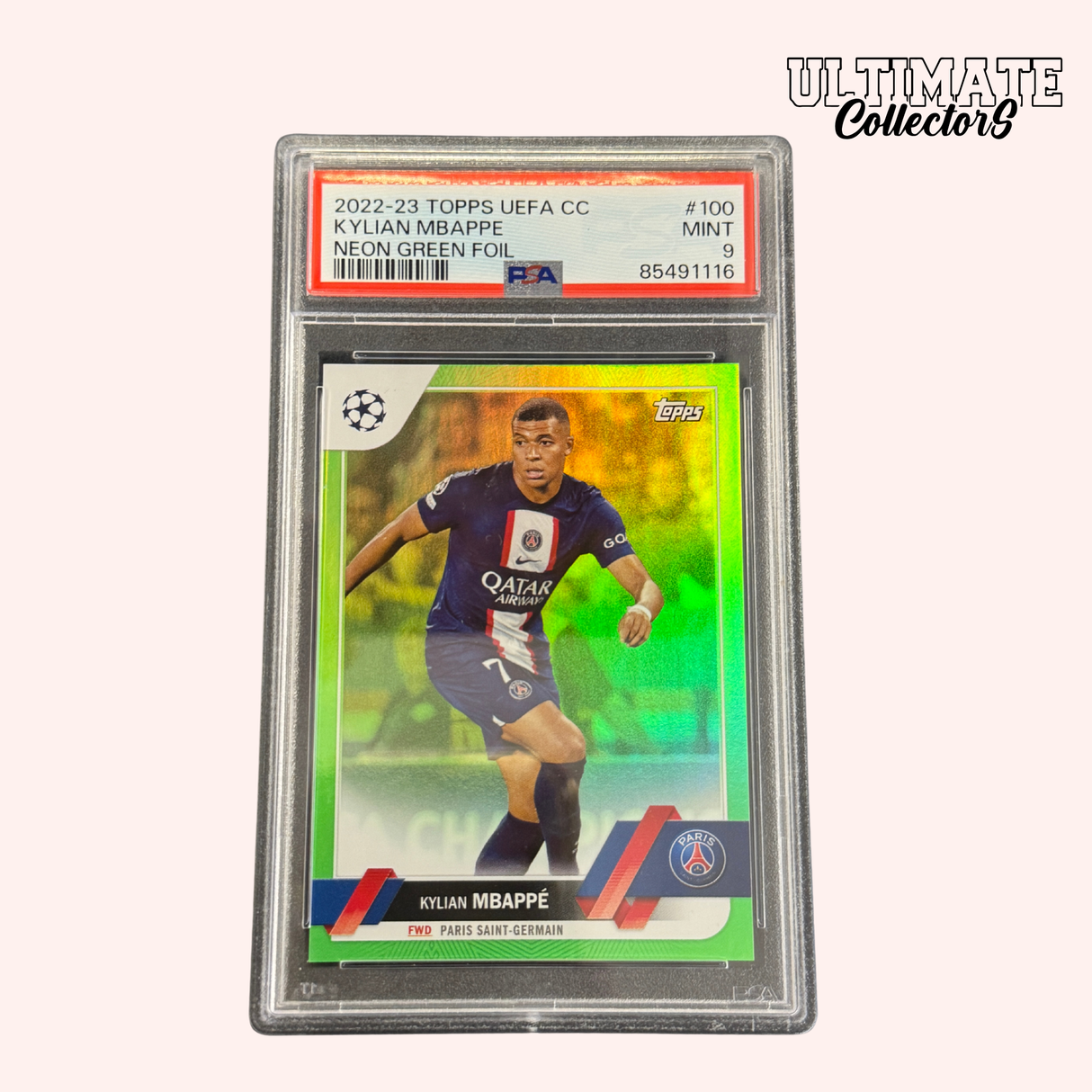 Carte Gradée Topps UCC 2022/23 – Mbappé Neon Green Foil /199 – PSA 9