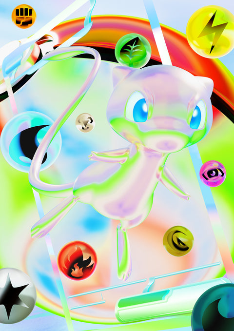 Affiche officielle des 30 ans du Jeu de Cartes Pokémon : Mew, esthétique Futuristic Rare