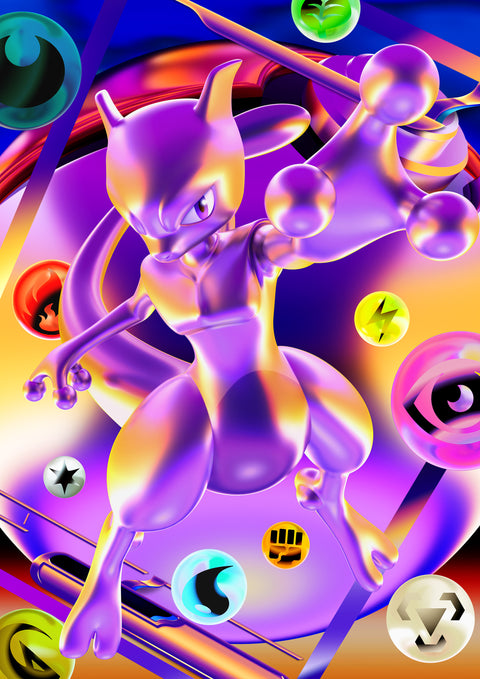Affiche officielle des 30 ans du Jeu de Cartes Pokémon : Mewtwo, esthétique Futuristic Rare