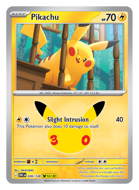 Carte Pikachu 036/128 du set Pokémon 30th Celebration, 30 ans du JCC