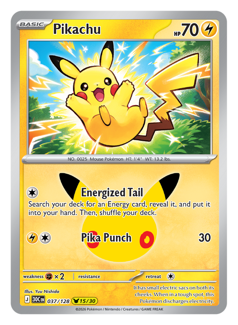 Carte Pikachu 037/128 du set Pokémon 30th Celebration, 30 ans du JCC
