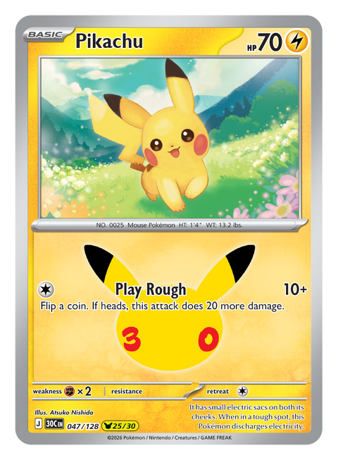 Carte Pikachu 047/128 du set Pokémon 30th Celebration, 30 ans du JCC