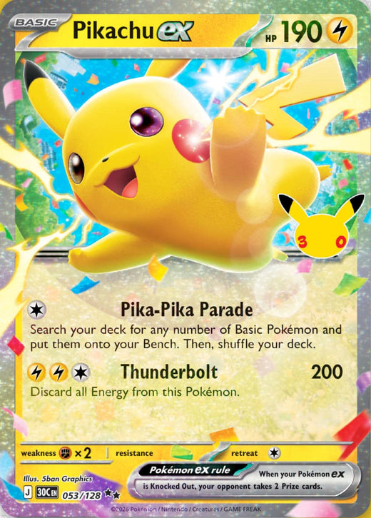 Carte Pikachu-ex 053/128 (version jour) du set Pokémon 30th Celebration, 30 ans du JCC