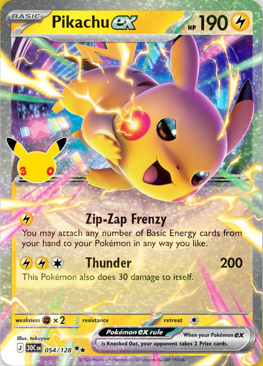 Carte Pikachu-ex 054/128 (version nuit) du set Pokémon 30th Celebration, 30 ans du JCC
