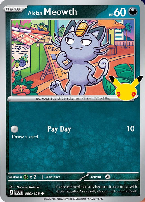 Carte Miaouss d'Alola 089/128 du set Pokémon 30th Celebration, 30 ans du JCC