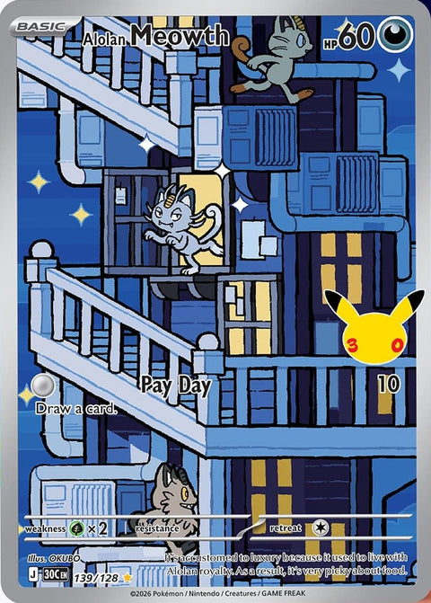 Carte Miaouss d'Alola IR · 139/128 (illustration rare) du set Pokémon 30th Celebration, 30 ans du JCC