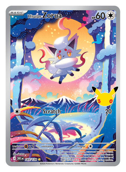 Carte Zorua de Hisui IR · 145/128 (illustration rare) du set Pokémon 30th Celebration, 30 ans du JCC