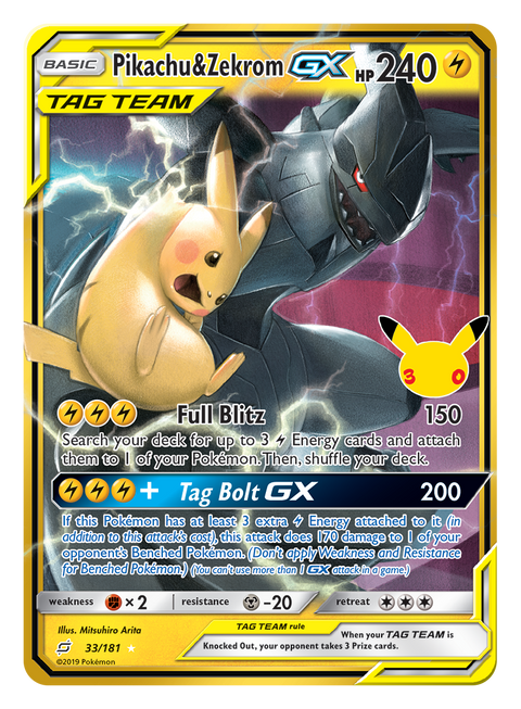Carte Pikachu & Zekrom-GX Classic Collection (réimpression) du set Pokémon 30th Celebration, 30 ans du JCC
